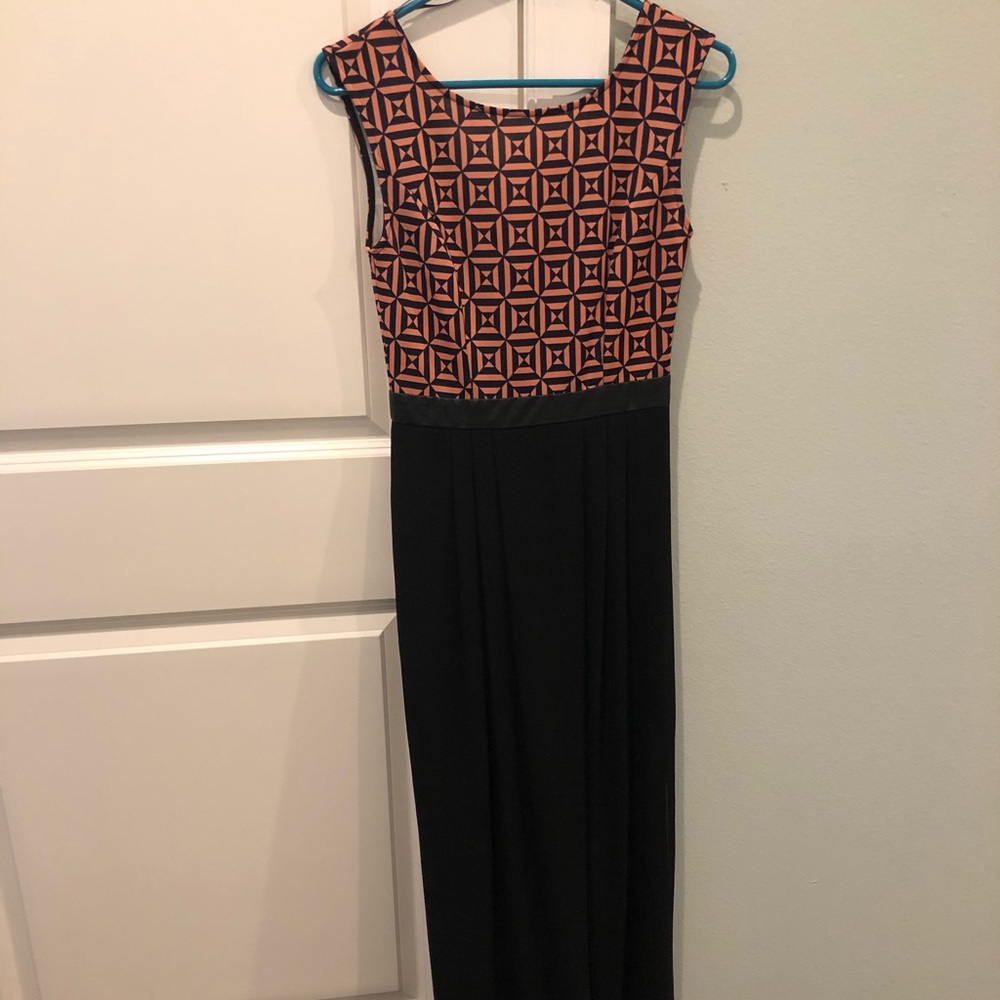 Full length black, peach and navy dress.